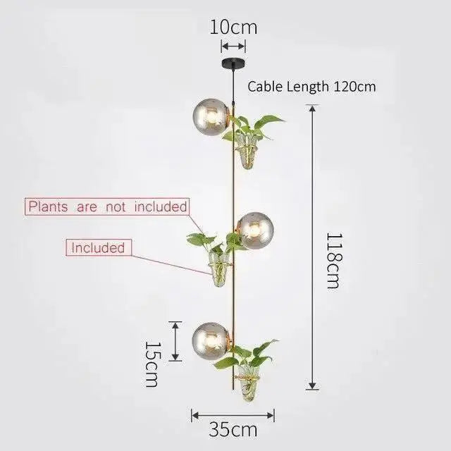 DecorBites pendant planter light with three glass globes and metallic rod featuring integrated plant holders