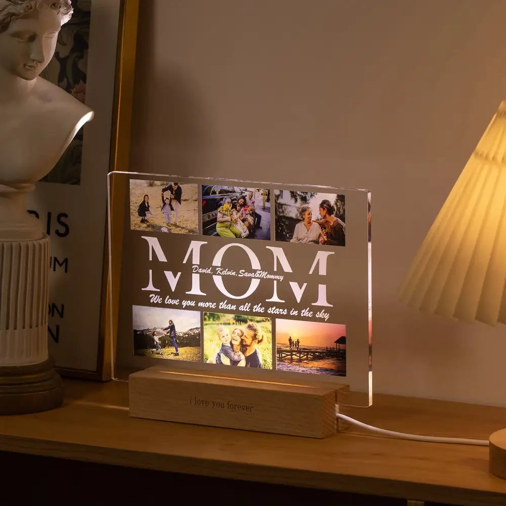 Clear acrylic lamp with illuminated mom design custom photo engraved names and loving phrases on wooden base for gift