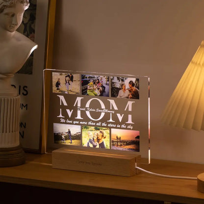 Clear acrylic lamp with illuminated mom design custom photo engraved names and loving phrases on wooden base for gift