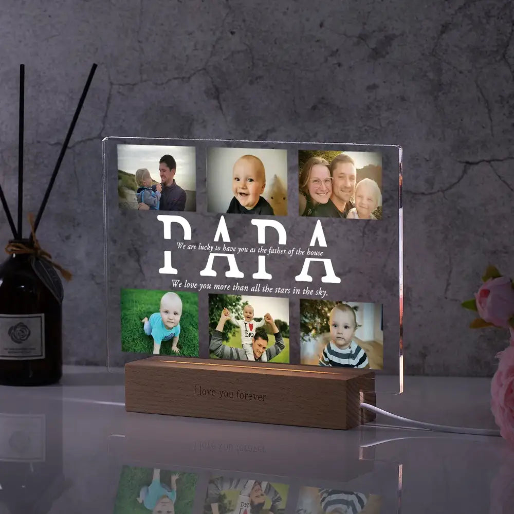 Clear acrylic lamp with protective film engraved with papa and custom photo message displaying six family photos