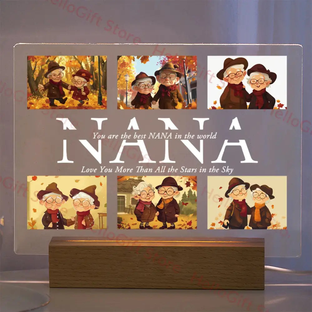 Transparent acrylic lamp with custom photo and nana text decoration featuring protective film for family gifts