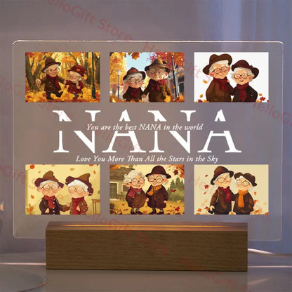 Transparent acrylic lamp with custom photo and nana text decoration featuring protective film for family gifts