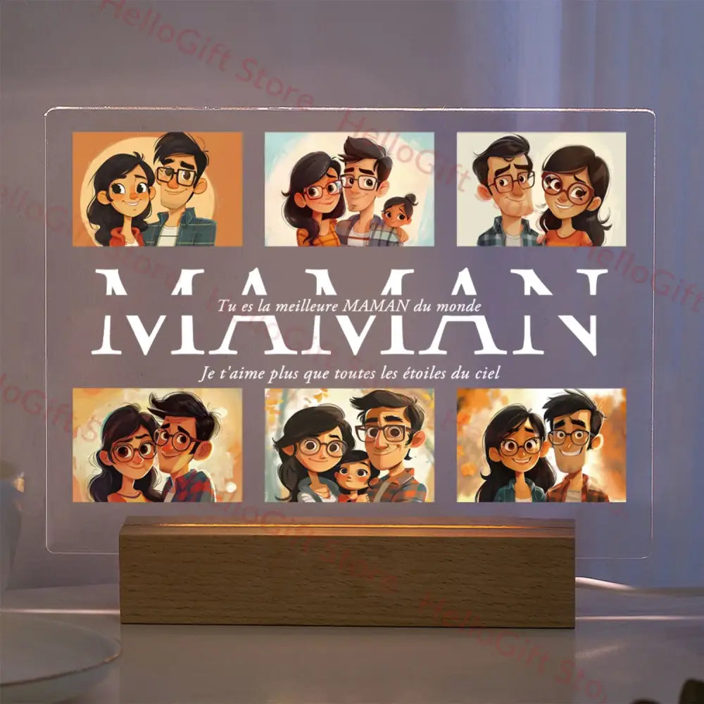 Decorbites custom photo acrylic lamp with transparent frame, six cartoon family photos, maman text, and wooden base with protective film