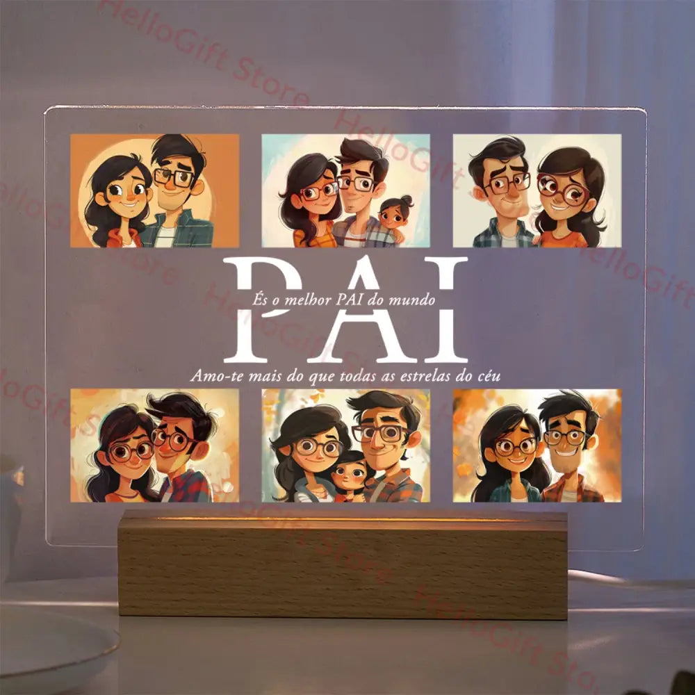 Clear acrylic lamp with custom photo and portuguese text on wooden base featuring protective film decorbites personalized gift