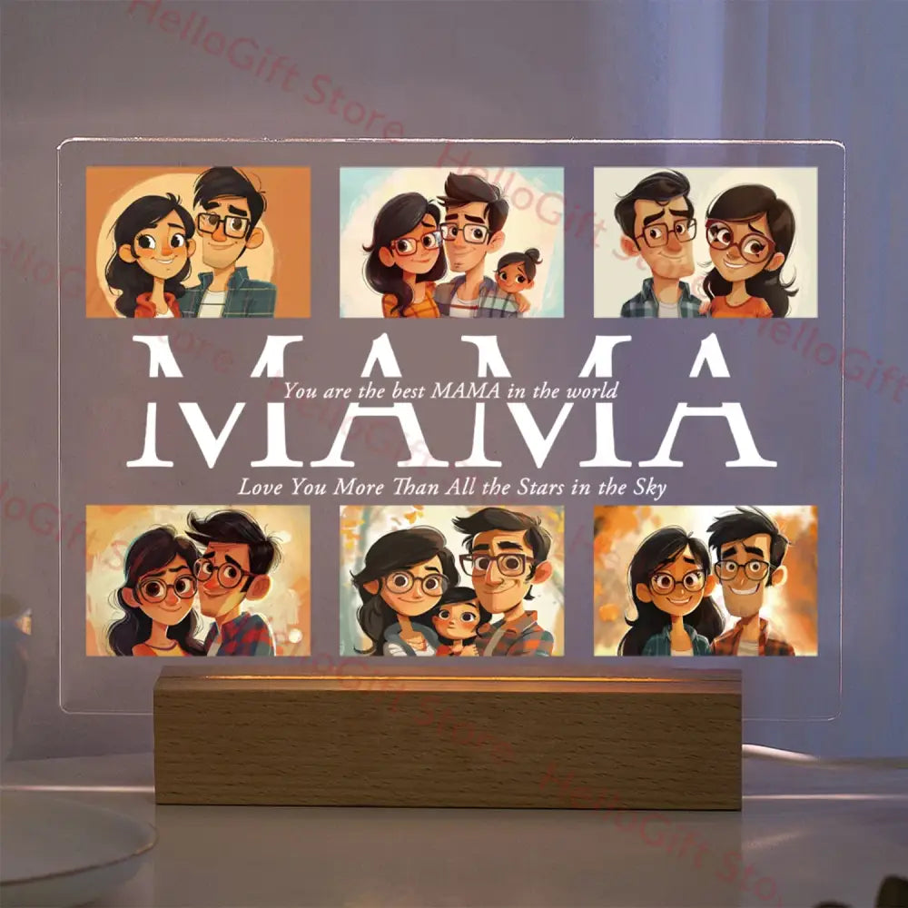 Clear acrylic lamp with six custom photo family portraits and mama text illuminated by wooden base with protective film