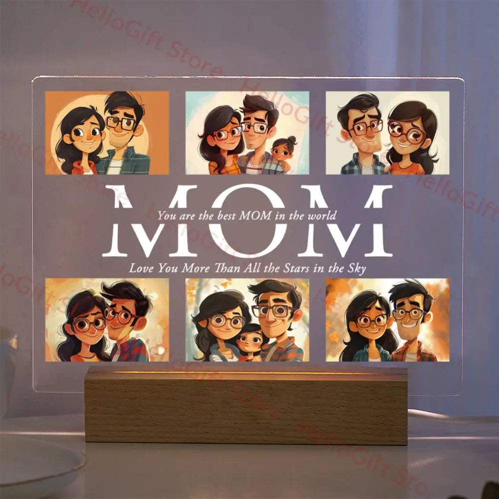 A clear acrylic lamp with a wooden base featuring custom photo family portraits and mom text with protective film