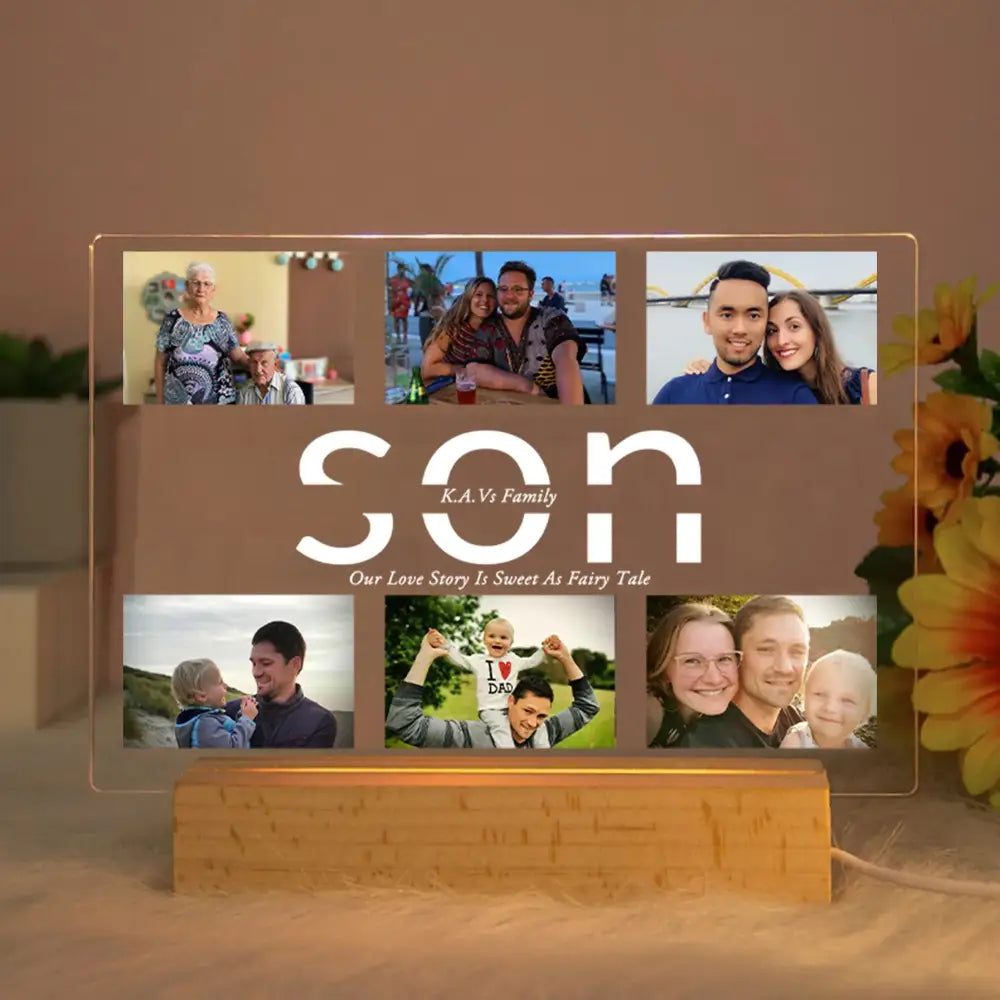 Transparent acrylic lamp with protective film featuring six custom photo family images and son text for personalized decor