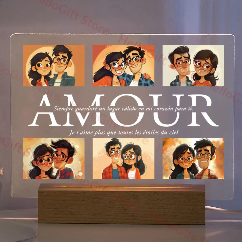 Transparent acrylic lamp with custom photo and amour text protected by protective film ideal for family gifts