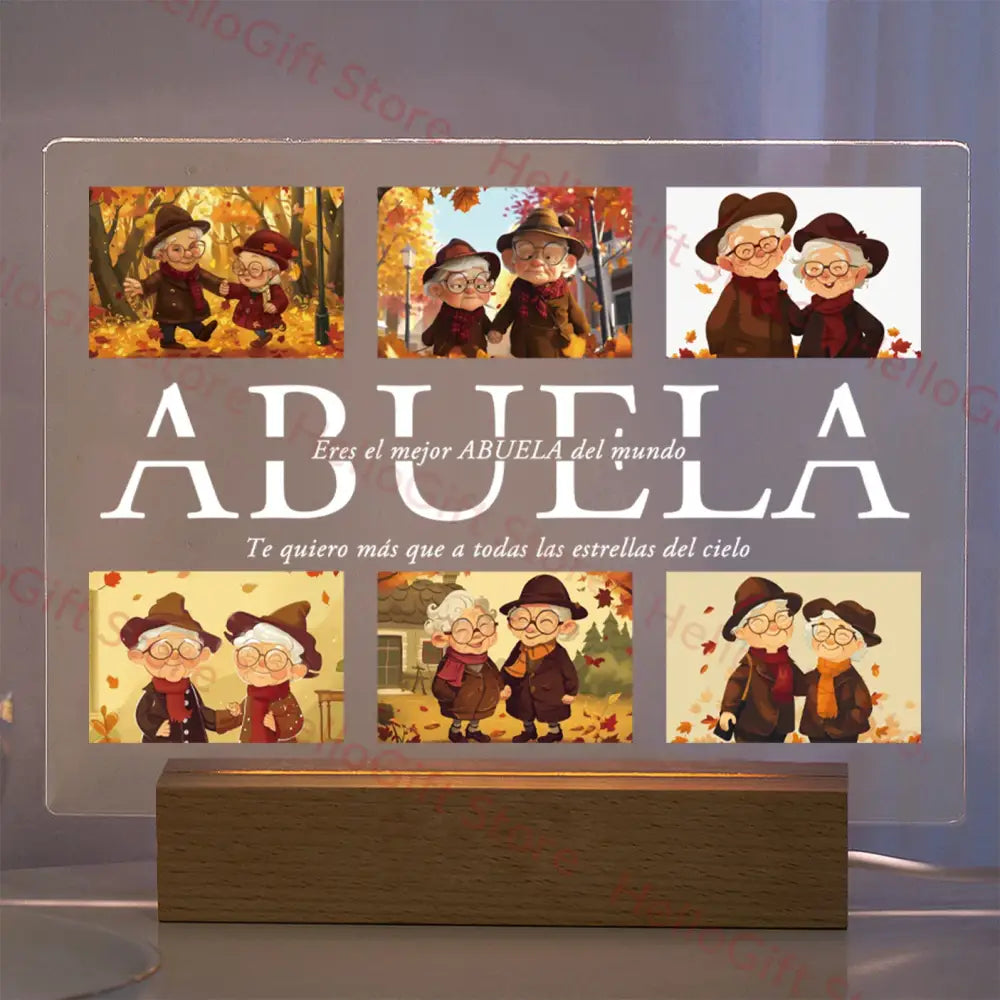 Translucent acrylic lamp with wooden base displaying custom photo and affectionate text with protective film for family gift