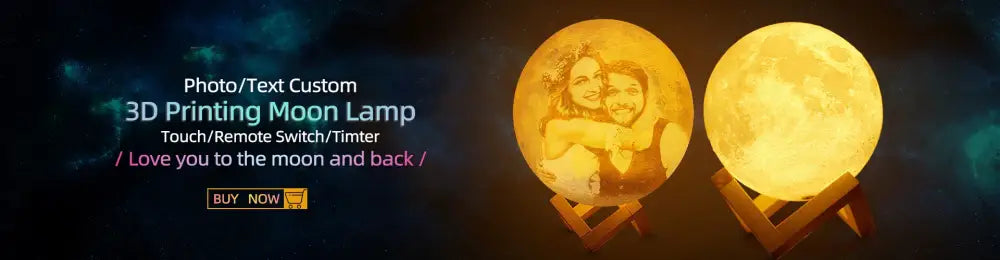 Golden acrylic lamp shaped like the moon with a custom photo etched on the surface and a protective film for gifting