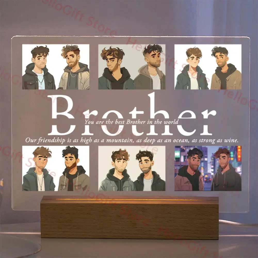 Clear acrylic lamp with engraved brother text and portraits featuring custom photo design and protective film for gifting