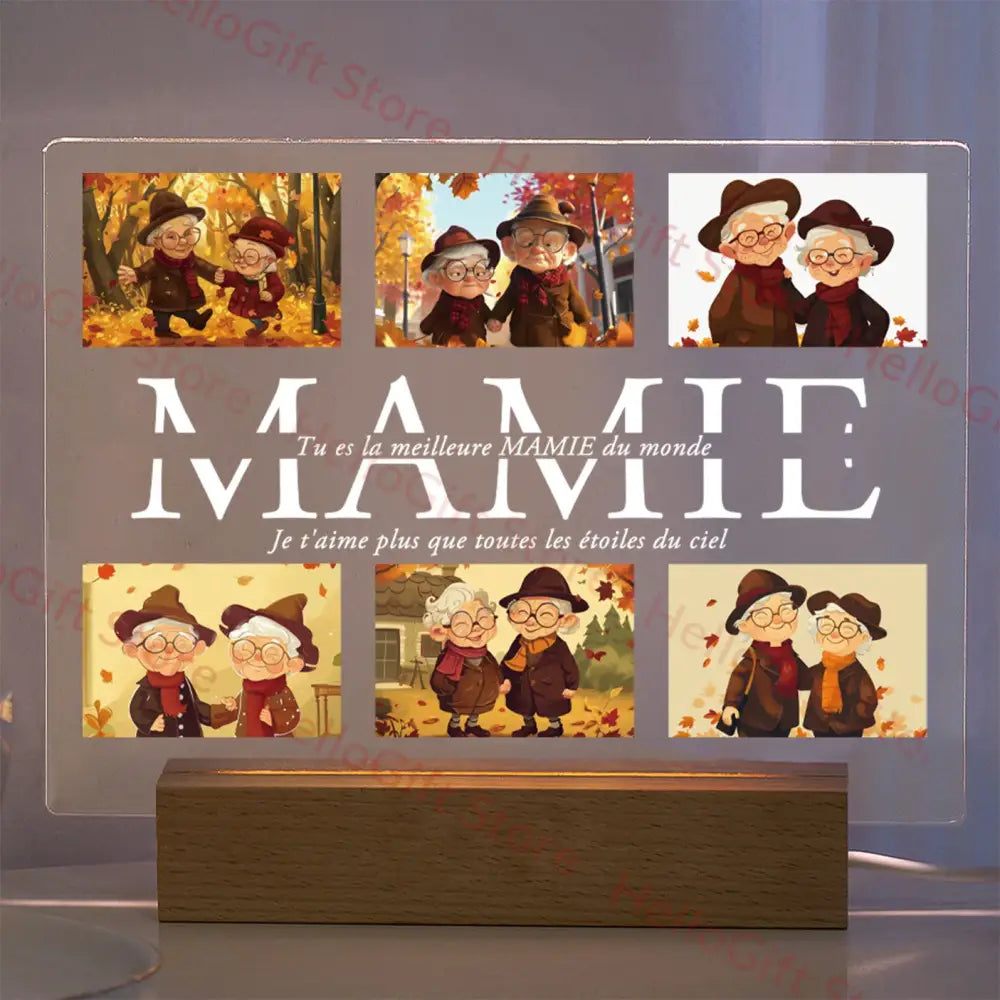 Decorbites™ transparent acrylic lamp with custom photo and protective film featuring cartoon elders and wooden base