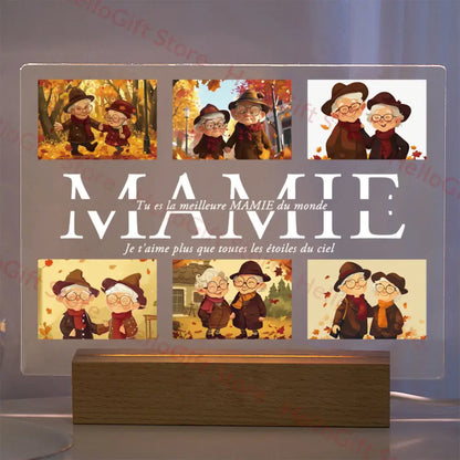 Decorbites™ transparent acrylic lamp with custom photo and protective film featuring cartoon elders and wooden base