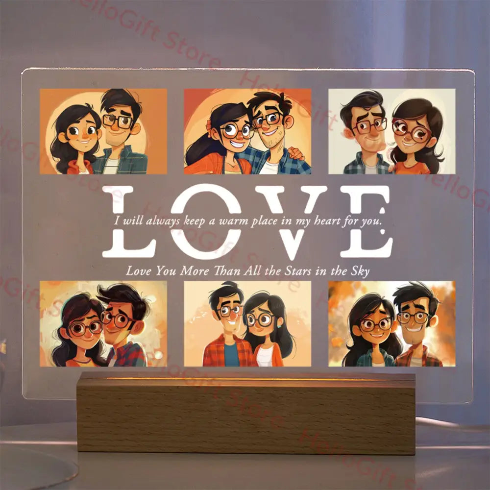 Translucent acrylic lamp illuminated with warm light displaying custom photo couple portraits love message with protective film
