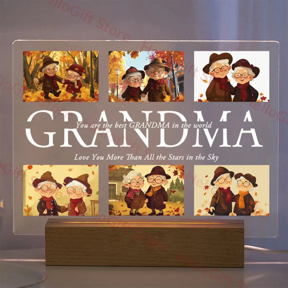 Decorbites™ personalized custom photo 3d acrylic lamp with protective film featuring cartoon grandma images and warm wishes