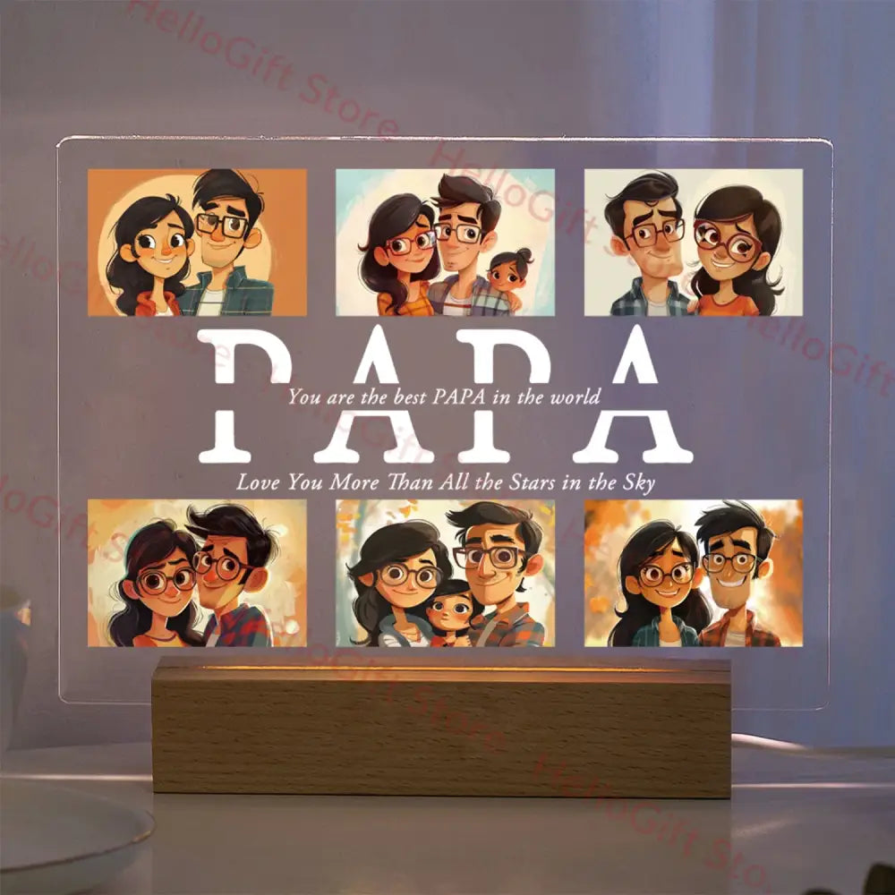 Clear acrylic lamp with engraved papa and custom photo portraits on wooden base with protective film for family gift