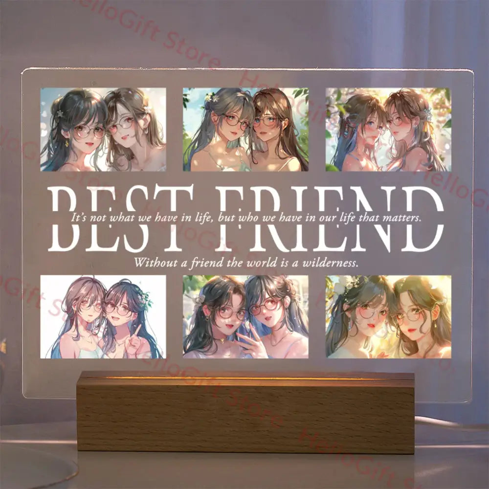 Clear acrylic lamp with custom photo and best friend text on wooden base with protective film for nightlight gift