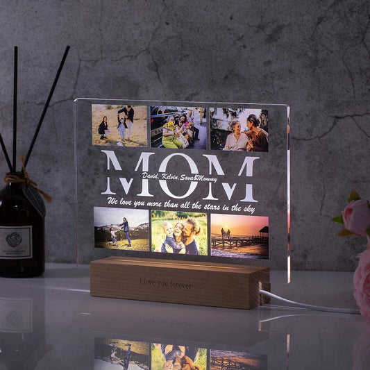 Clear acrylic lamp with engraved mom and custom photo illuminated by wooden base with protective film for family gift