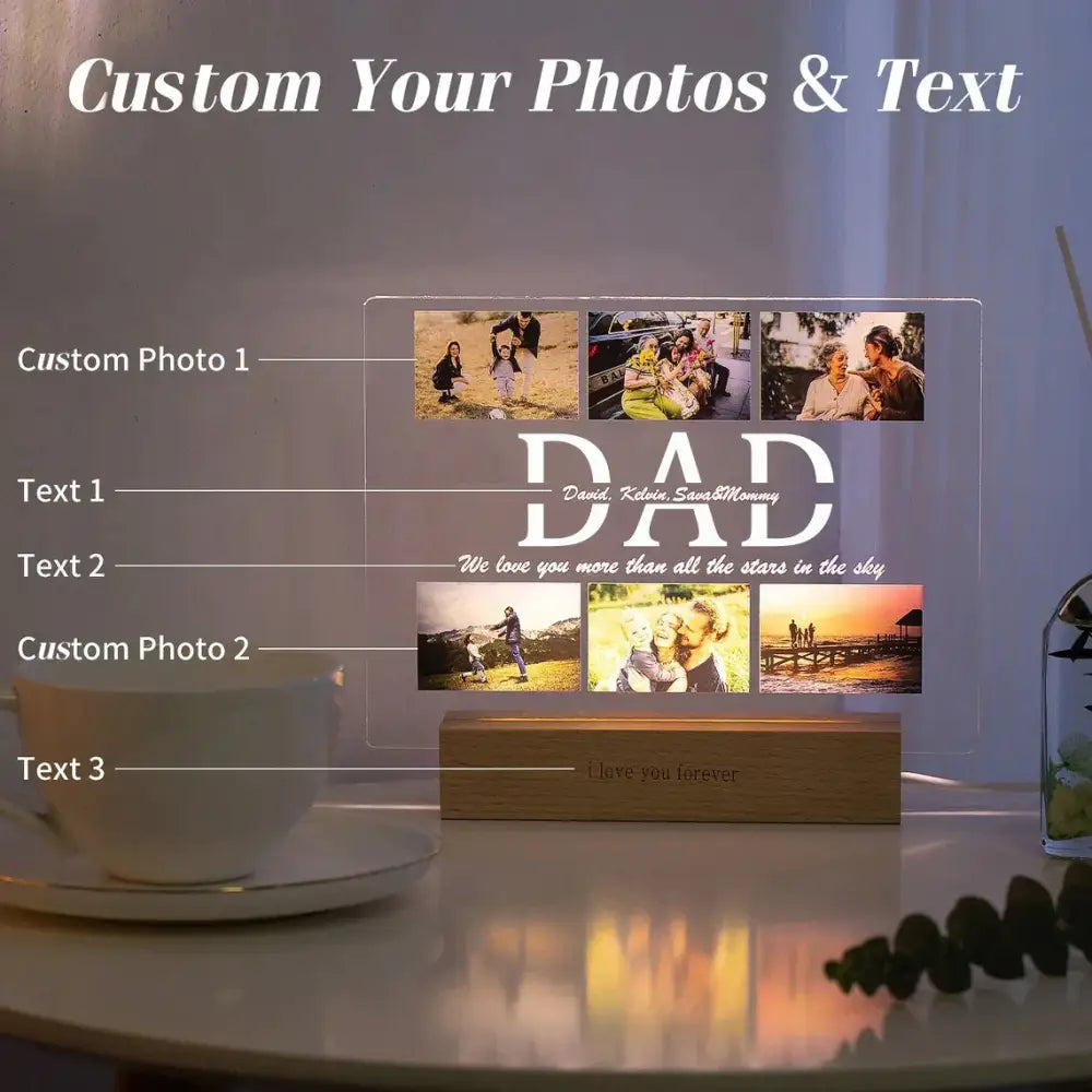 Custom illuminated acrylic lamp with personalized photo and text on clear panel and engraved wooden base i love you forever
