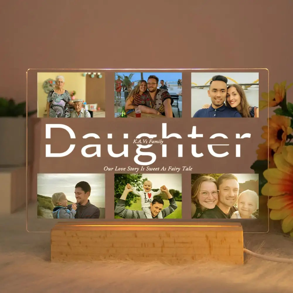 DecorBites custom photo 3d acrylic lamp with protective film featuring six family photos and daughter text on wooden base