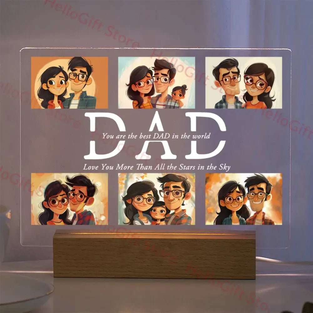 Decorbites personalized custom photo 3d acrylic lamp with wooden base displaying cartoon family portraits and dad text