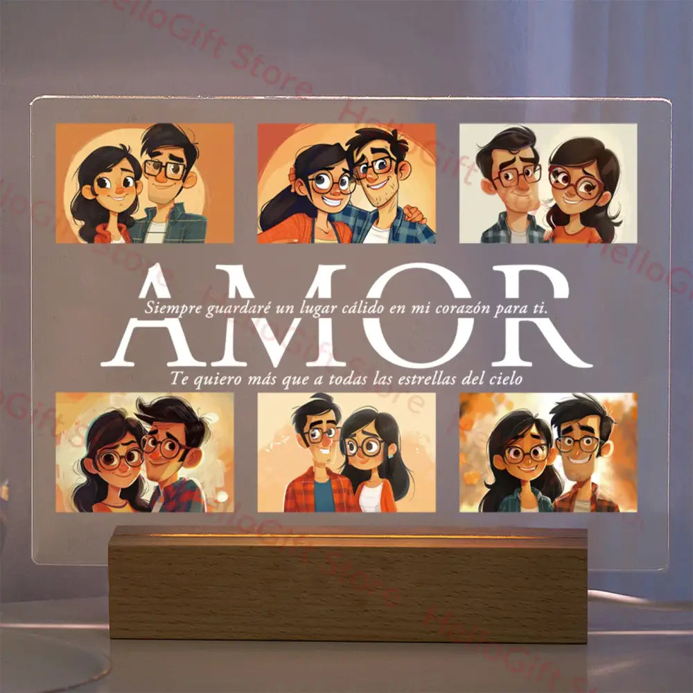 Translucent acrylic lamp with custom photo couple illustrations and protective film featuring amor text for family gifts