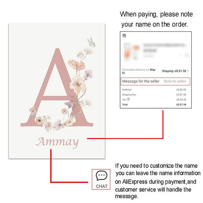 Decorbites™ personalized pink floral nursery wall art featuring a delicate pink floral canvas letter a on white background