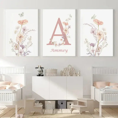 Decorbites™ personalized pink floral wall art featuring a pastel pink and white floral canvas with letter a and name ammeey