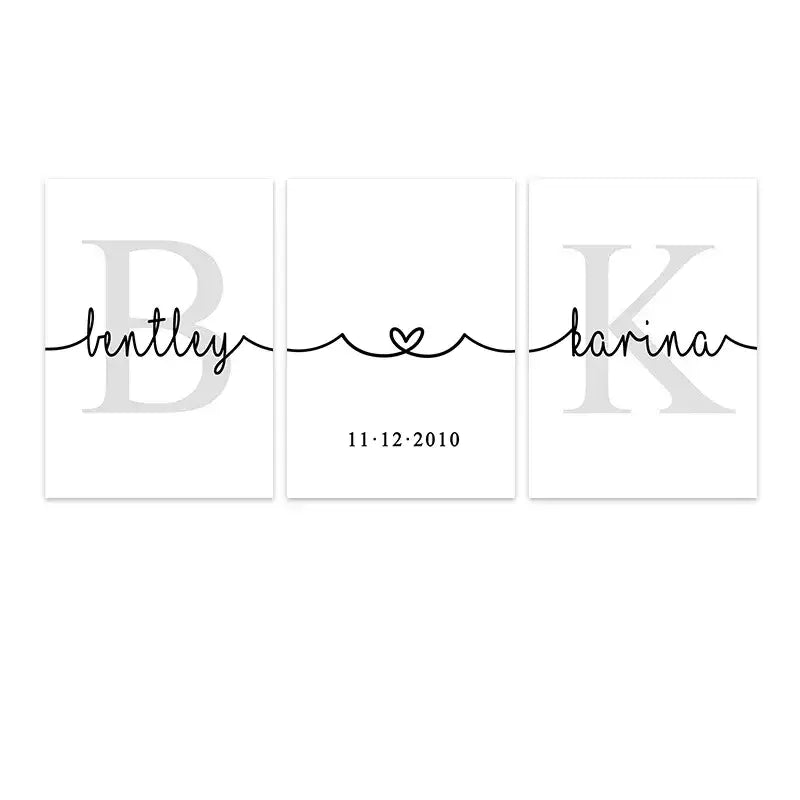 Minimalist black and gray personalized wall art set by DecorBites featuring names bentley and karina with wedding date
