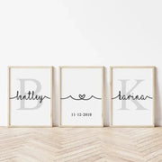 DecorBites™ personalized set of 3 minimalist wall art with black cursive script and gray monogram on white canvas paintings