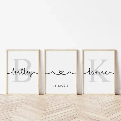 DecorBites™ personalized set of 3 minimalist wall art with black cursive script and gray monogram on white canvas paintings