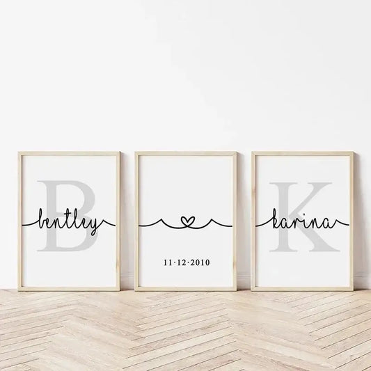 DecorBites™ personalized set of 3 minimalist wall art with black cursive script and gray monogram on white canvas paintings