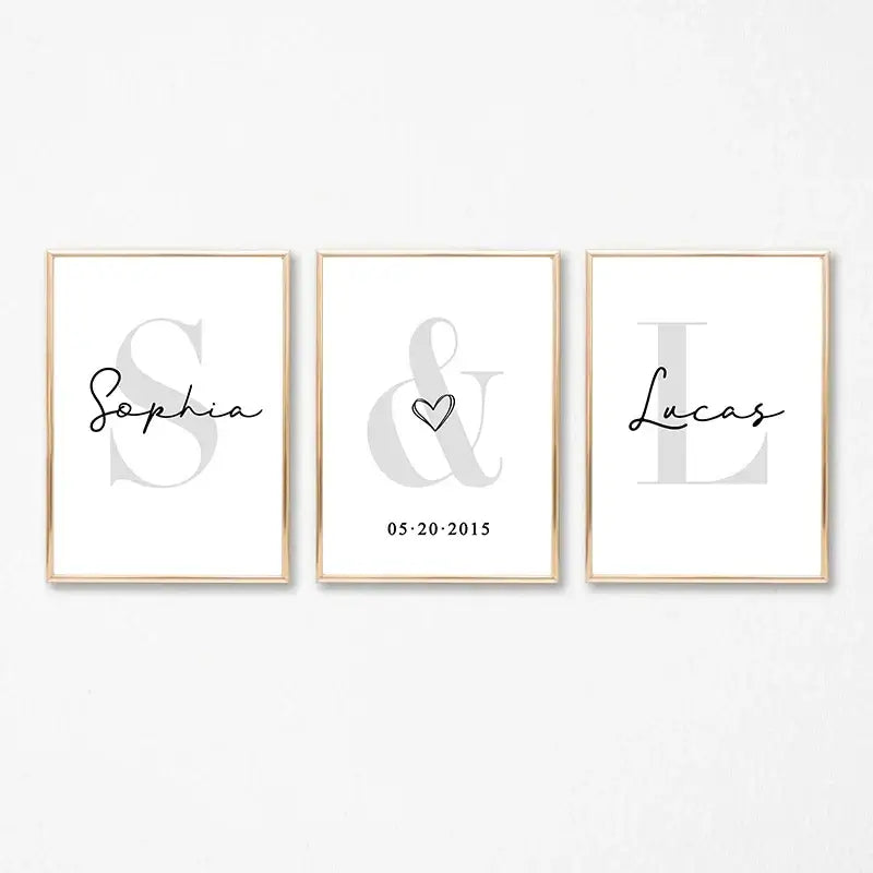 DecorBites personalized set of 3 custom name wall art with black cursive script in gold frames on white canvas paintings