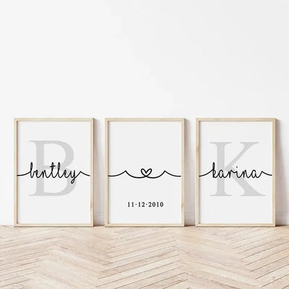 Decorbites personalized set of 3 custom name wall art featuring minimalist black script and gray monogram in light wood frames