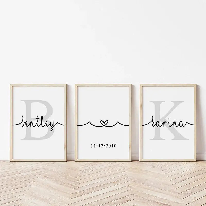 Decorbites personalized set of 3 custom name wall art featuring minimalist black script and gray monogram in light wood frames