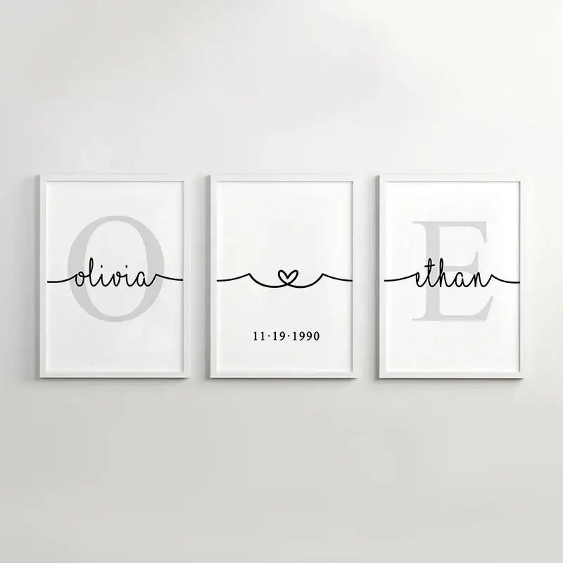 Decorbites personalized set of 3 wall art with black cursive script and gray monogram on white art canvas papers