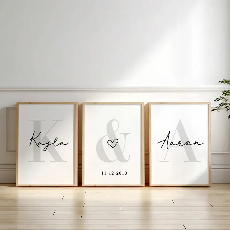 DecorBites personalized set of 3 custom name wall art with light wood frames and black cursive on white canvas paintings