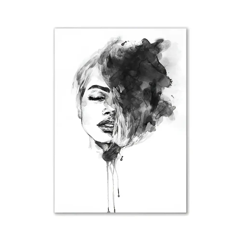 Black and white watercolor portrait with bold ink splatters in pink aesthetic modern wall art for girls bedroom