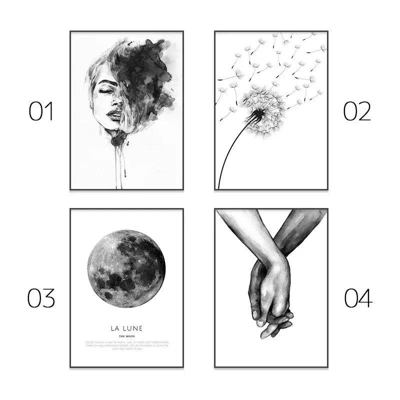 Set of four minimalist black and white framed modern wall art prints for pink aesthetic girl bedroom decor by decorbites
