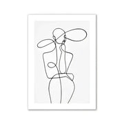 Black line art print of stylized figure with oversized hat framed in white for pink aesthetic room decor