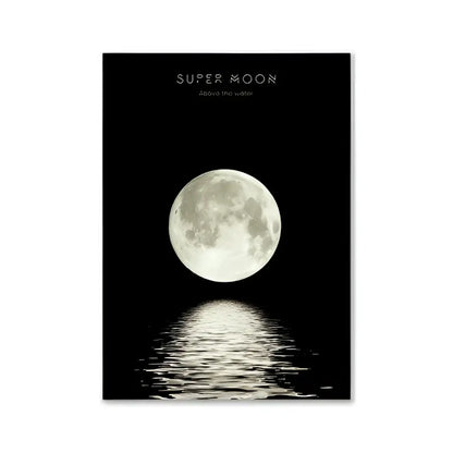 Black-framed wall art featuring a luminous super moon above rippling water for pink aesthetic bedroom decor