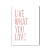 Decorbites™ pink aesthetic wall art set featuring a minimalist white print with live what you love in soft pink font