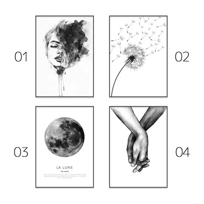 Set of four minimalist black and white framed wall art prints featuring pink aesthetic wall decor for modern bedroom