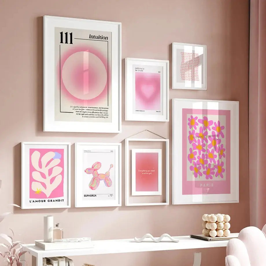A collection of six pink angel number posters with minimalist designs in sleek white frames for gallery wall art