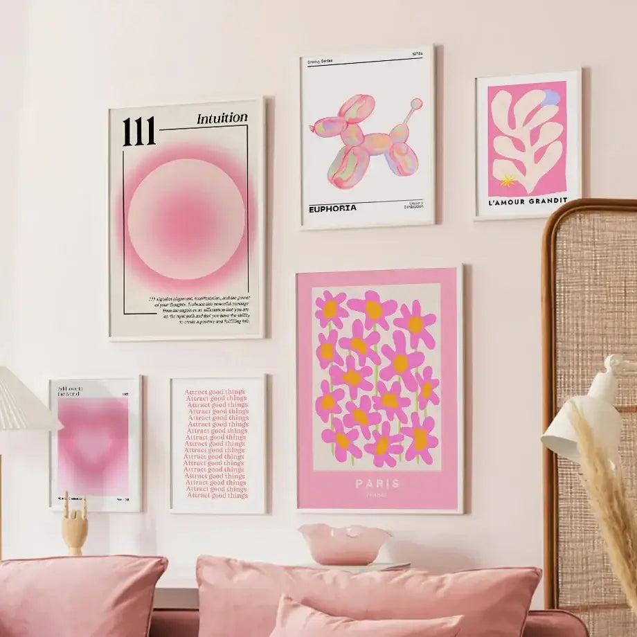 A collection of six framed pink angel number posters featuring minimalist abstract designs and white borders by decorbites