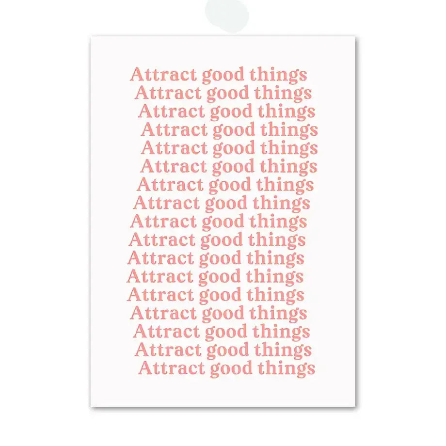 Decorbites™ pink angel number poster featuring a minimalist white rectangular print with pink angel phrase attract good things