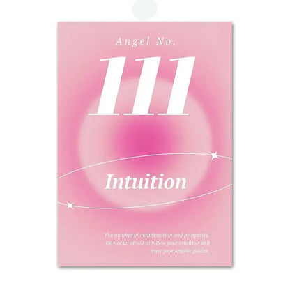 Pink angel number poster featuring number 111 with intuition text on a pink gradient background with subtle stars and orbits