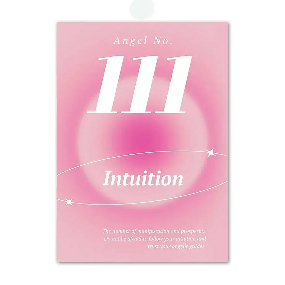 Pink angel number poster featuring number 111 with intuition text on a pink gradient background with subtle stars and orbits