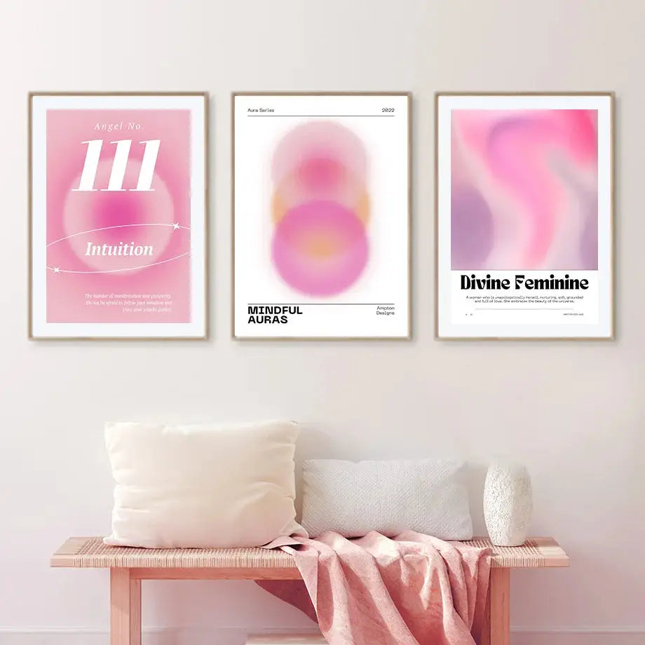 Three framed minimalist pink angel number posters with soft pink and white abstract designs for gallery wall art