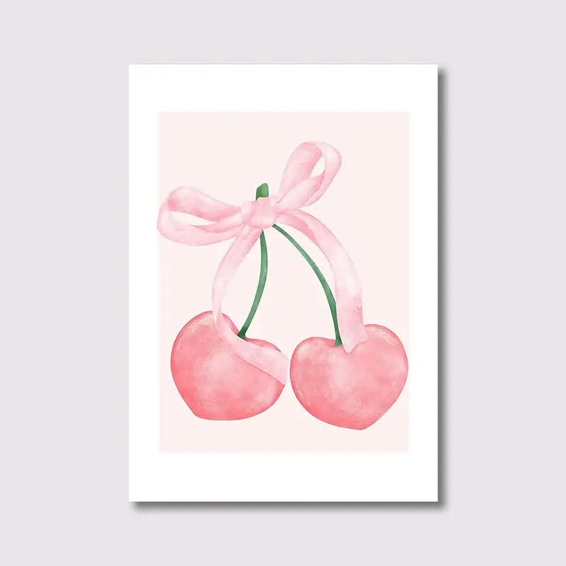 DecorBites™ pink bows wall art set features a soft pink watercolor print of two cherries tied with a delicate ribbon bow